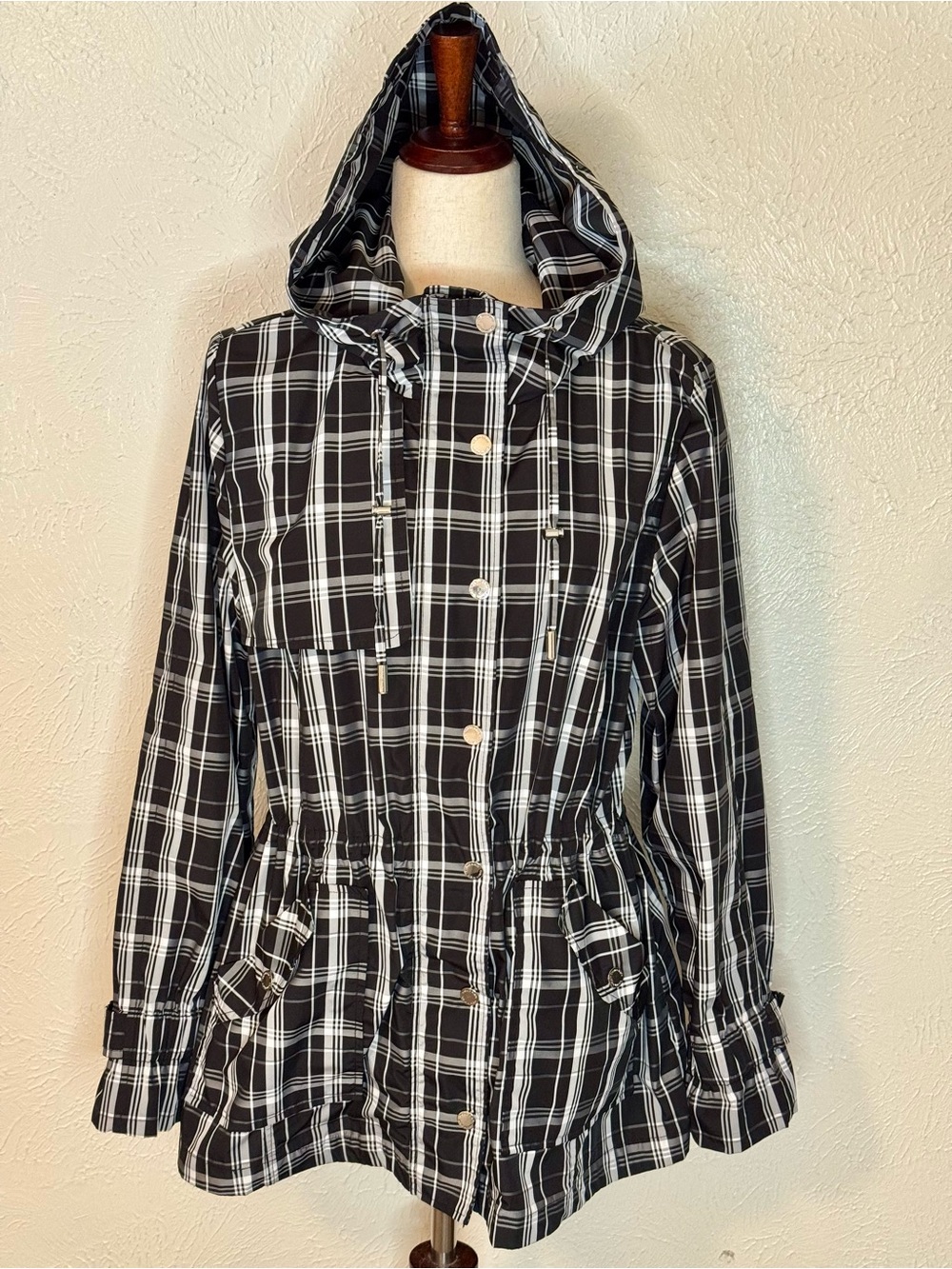 Calvin Klein Black & White Plaid Hooded Lightweight All Weather Jacket M